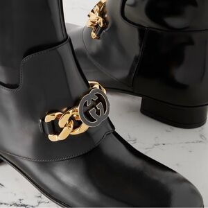 Gucci Glossy Black Boots with Gold Chain Detail